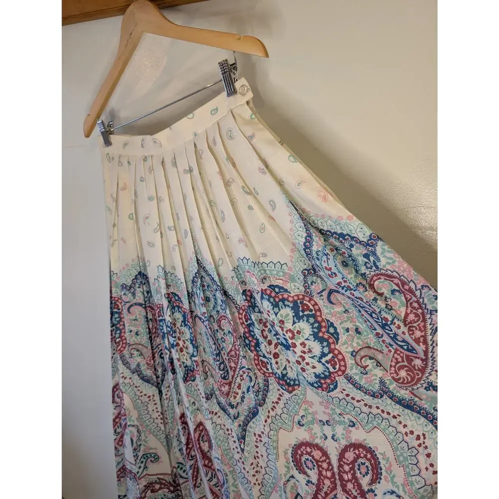 Vintage 80s Sears Pleated Paisley Maxi Skirt Border Print Cream Boho Size 14